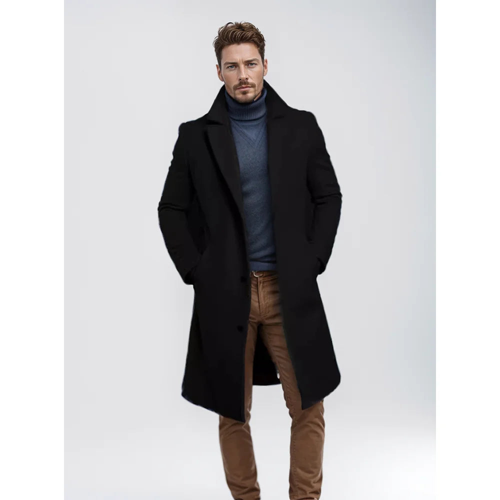 New Men'S Coat Warm Mid-Length Solid Color Autumn and Winter Coat Youth Daily Men'S Coat
